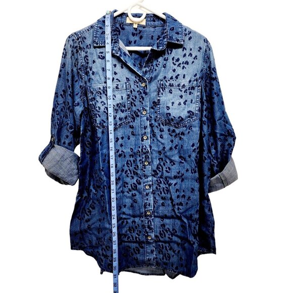 Side Stitch woman Blue Leopard Print Lyocell long Sleeve Shirt Size XS - Picture 7 of 13